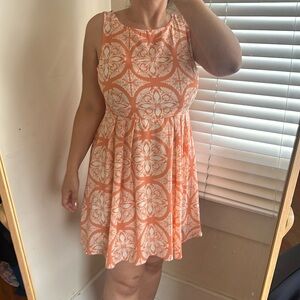 Striking Sleeveless A-Line Dress Orange White Geometric Pattern Fit & Flare